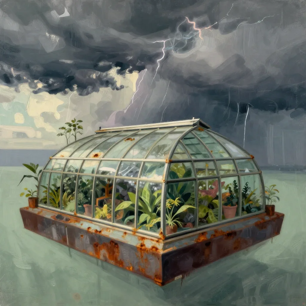 a floating botanical conservatory after a distant thunderstorm, modernist poster illustration, weathered tactile surface