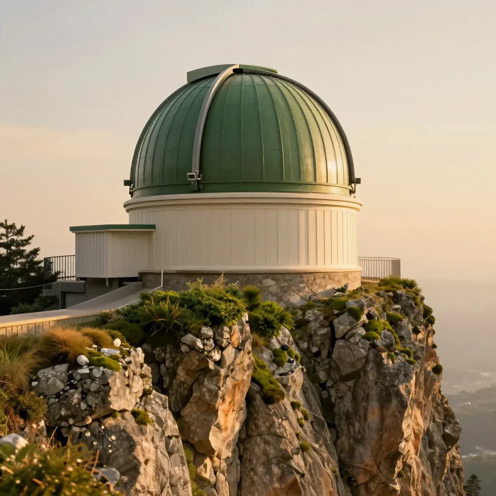 a cliffside observatory during golden hour, museum-quality still-life photography, soft volumetric light, moss green and
