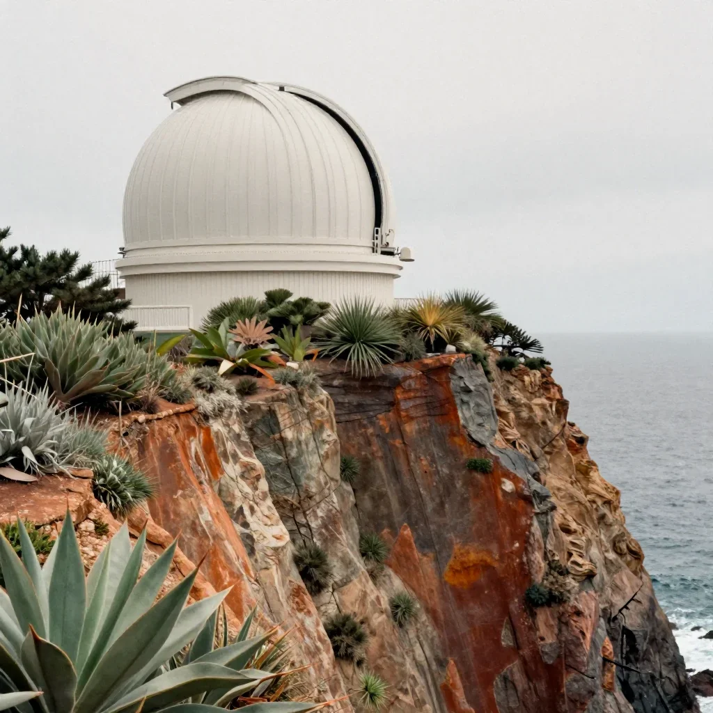 a cliffside observatory under overcast coastal light, contemporary botanical illustration, subtle film grain, rust and s