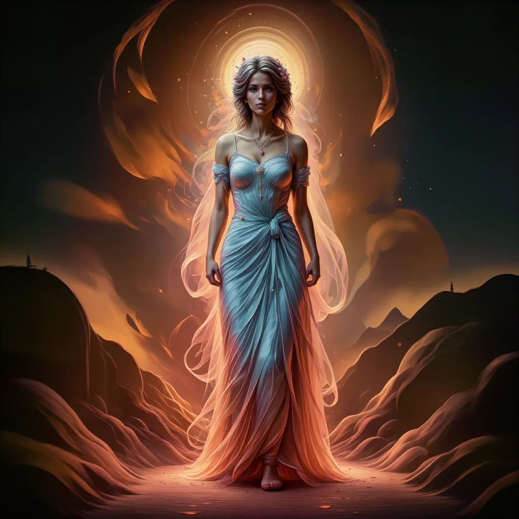 a celestial priestess with haloed candlelight standing tall with hands in pockets, on a neon-lit rooftop at midnight, futuristic speculative couture, soft volumetric light, terracotta and pale sky blue palette, no tex...