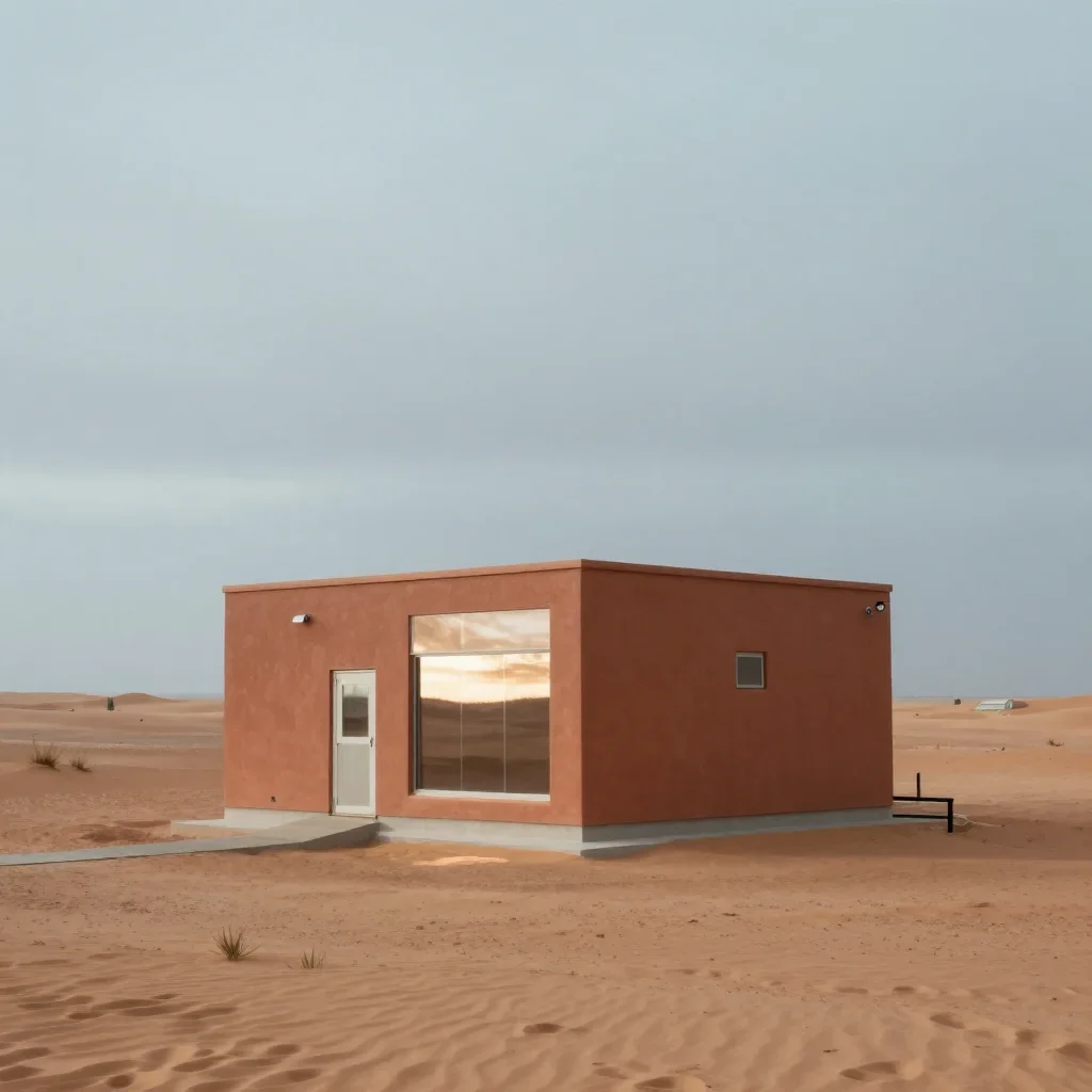 a desert research station under overcast coastal light, cinematic architectural photography, gentle reflected light, ter