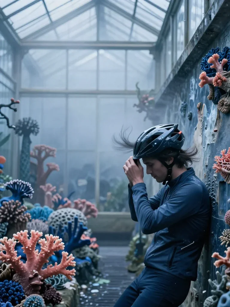 a rider removing a helmet, flushed and windblown in a wind-swept lean against a wall, in a greenhouse humid with mist, m