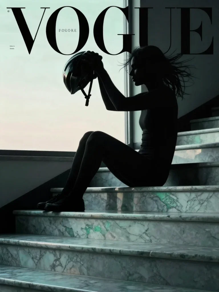 a rider removing a helmet, flushed and windblown in a seated silhouette against a window, on a marble staircase at dawn,