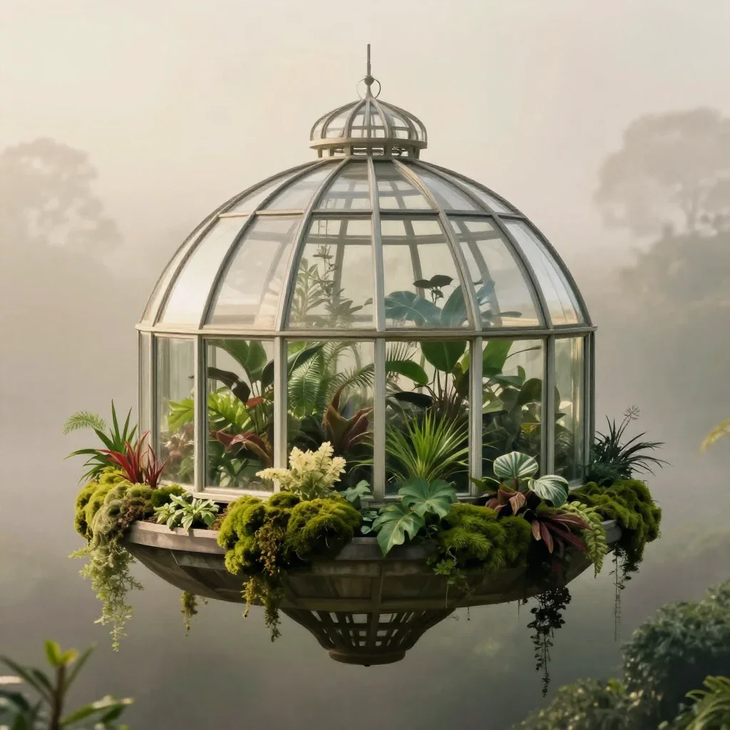 a floating botanical conservatory in quiet late-afternoon haze, high-end design magazine photography, restrained color h