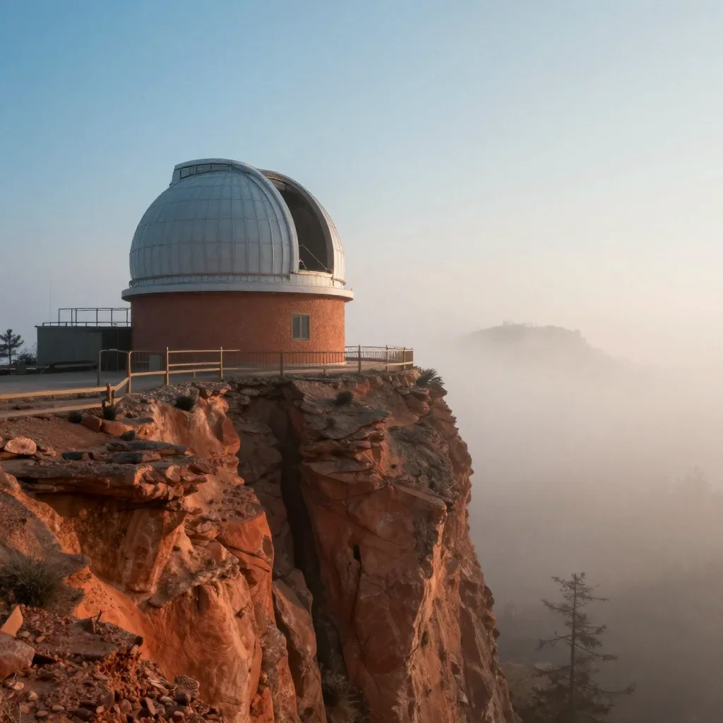 a cliffside observatory in early spring mist, dreamlike fine-art landscape photography, atmospheric depth, terracotta an