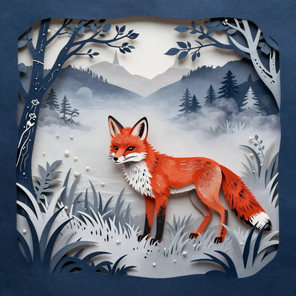 a red fox among silver grass in early spring mist, intricate paper-cut illustration, atmospheric depth, indigo and pearl