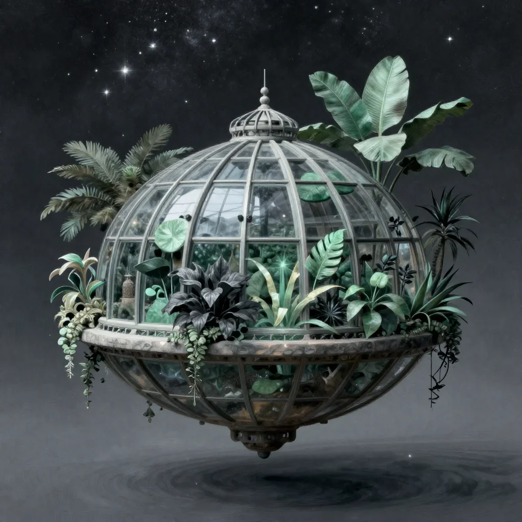 a floating botanical conservatory beneath a star-filled sky, contemporary botanical illustration, calm negative space, j