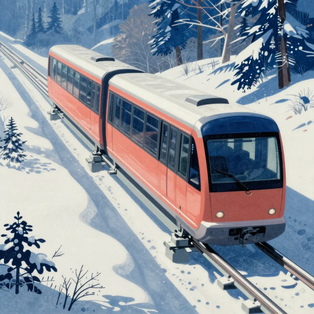a glass monorail in crisp winter sunlight, Japanese woodblock-inspired editorial art, crisp material detail, coral and m