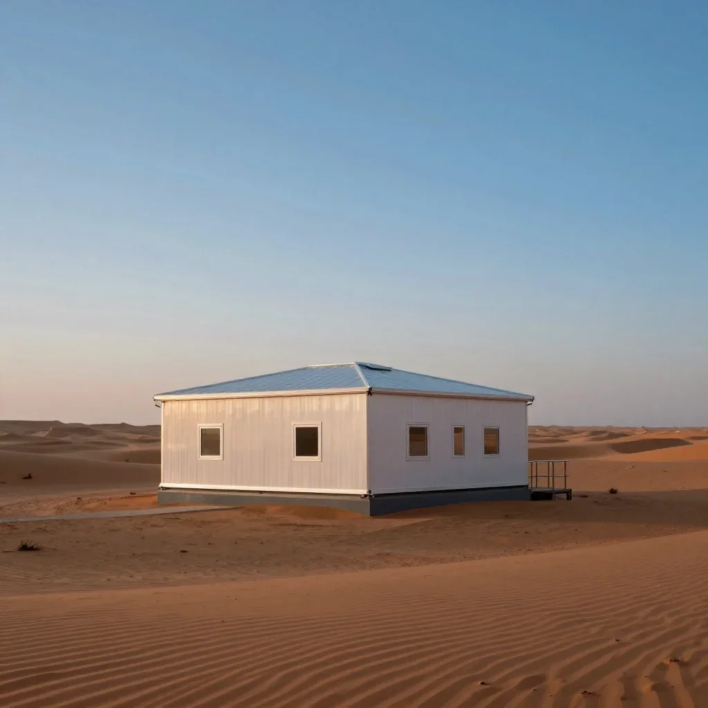 a desert research station at blue hour, dreamlike fine-art landscape photography, crisp material detail, terracotta and 