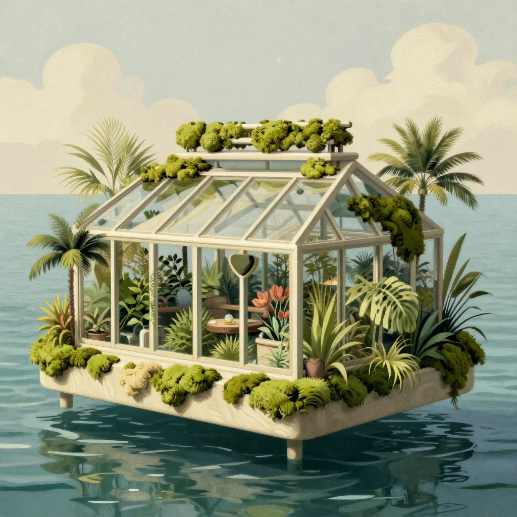 a floating botanical conservatory in a gentle sea breeze, contemporary botanical illustration, careful geometric composi