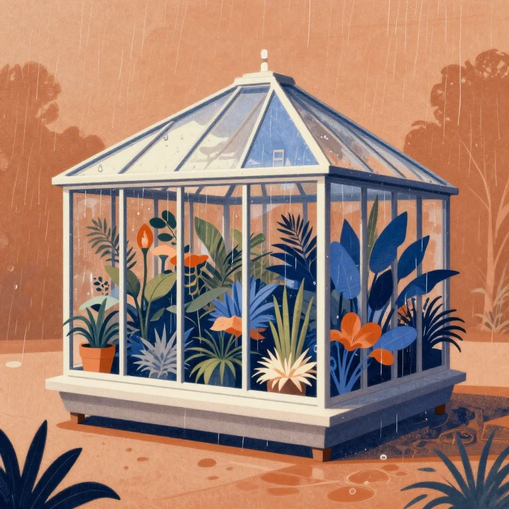 a floating botanical conservatory after warm summer rain, contemporary botanical illustration, clean natural textures, o