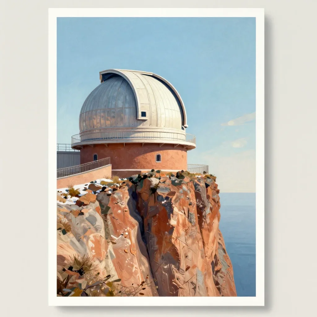 a cliffside observatory in crisp winter sunlight, modernist poster illustration, weathered tactile surfaces, terracotta