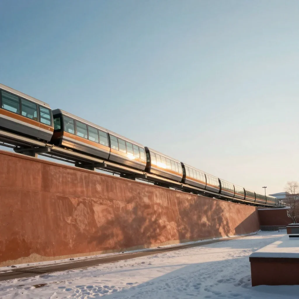 a glass monorail in crisp winter sunlight, museum-quality still-life photography, atmospheric depth, terracotta and pale