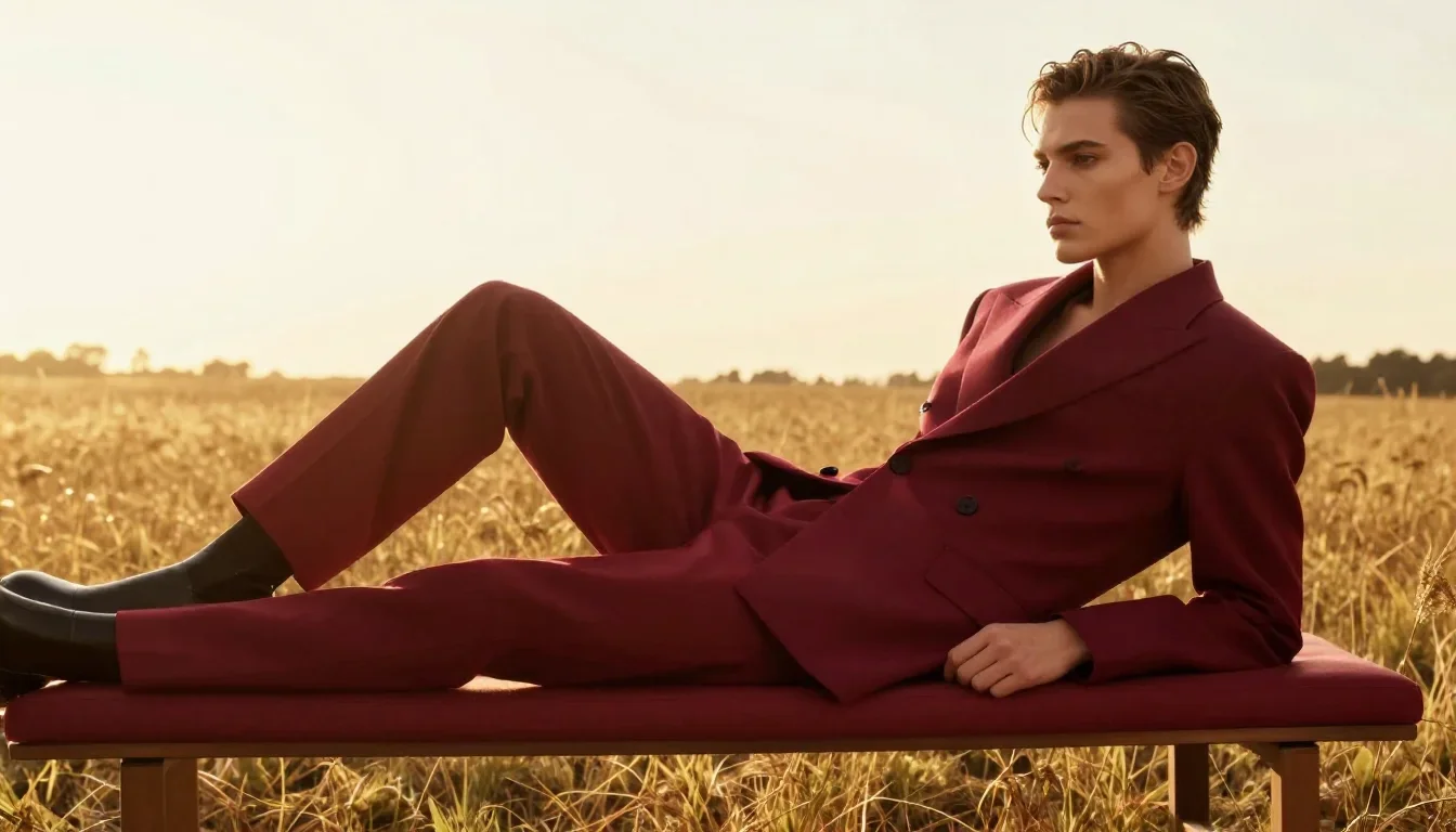 an androgynous model in a sharply tailored suit reclining elegantly on a chaise, in a backlit golden-hour field, Vogue-s