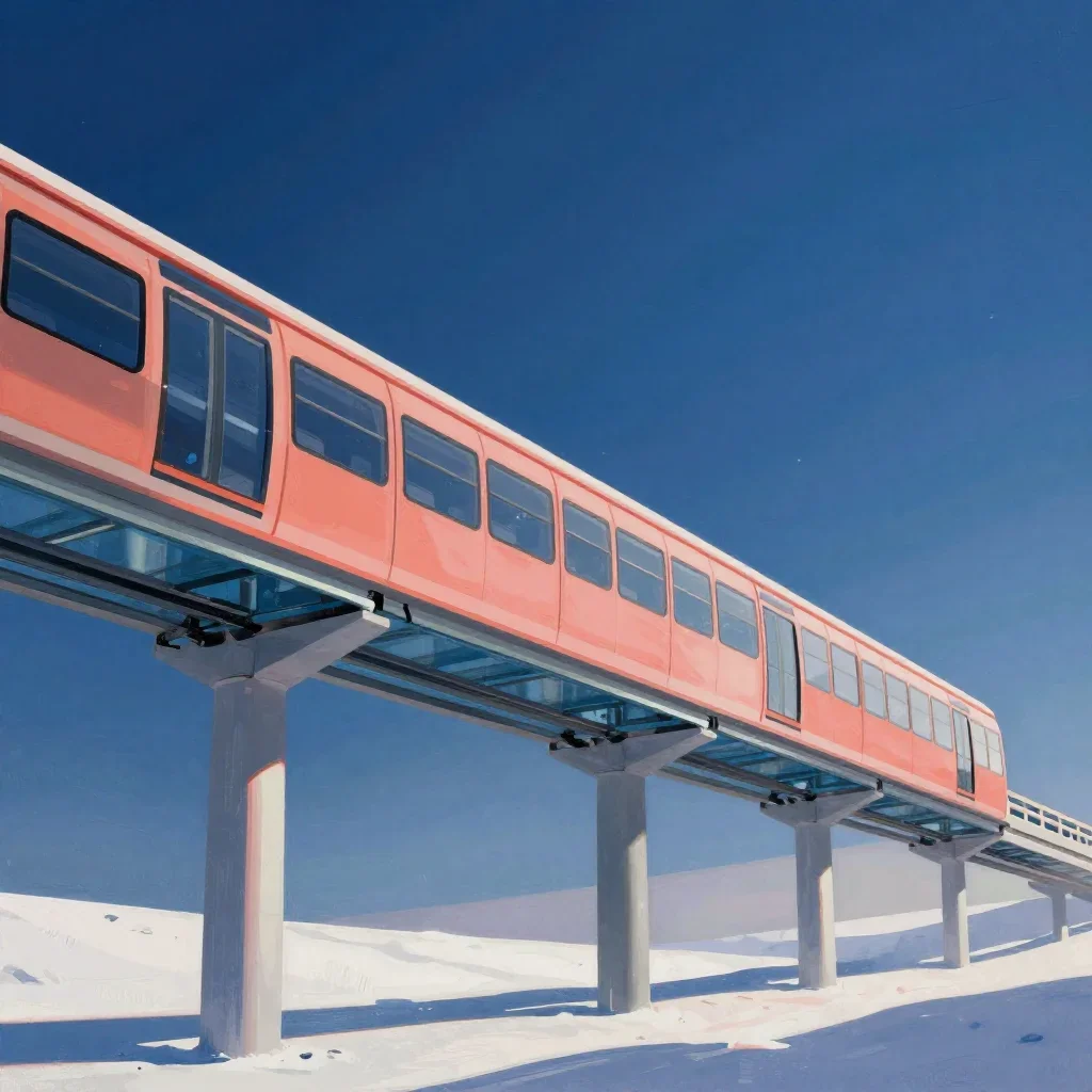 a glass monorail in crisp winter sunlight, modernist poster illustration, crisp material detail, coral and midnight blue