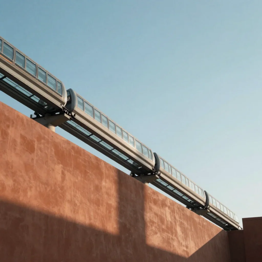 a glass monorail in crisp winter sunlight, dreamlike fine-art landscape photography, careful geometric composition, terr