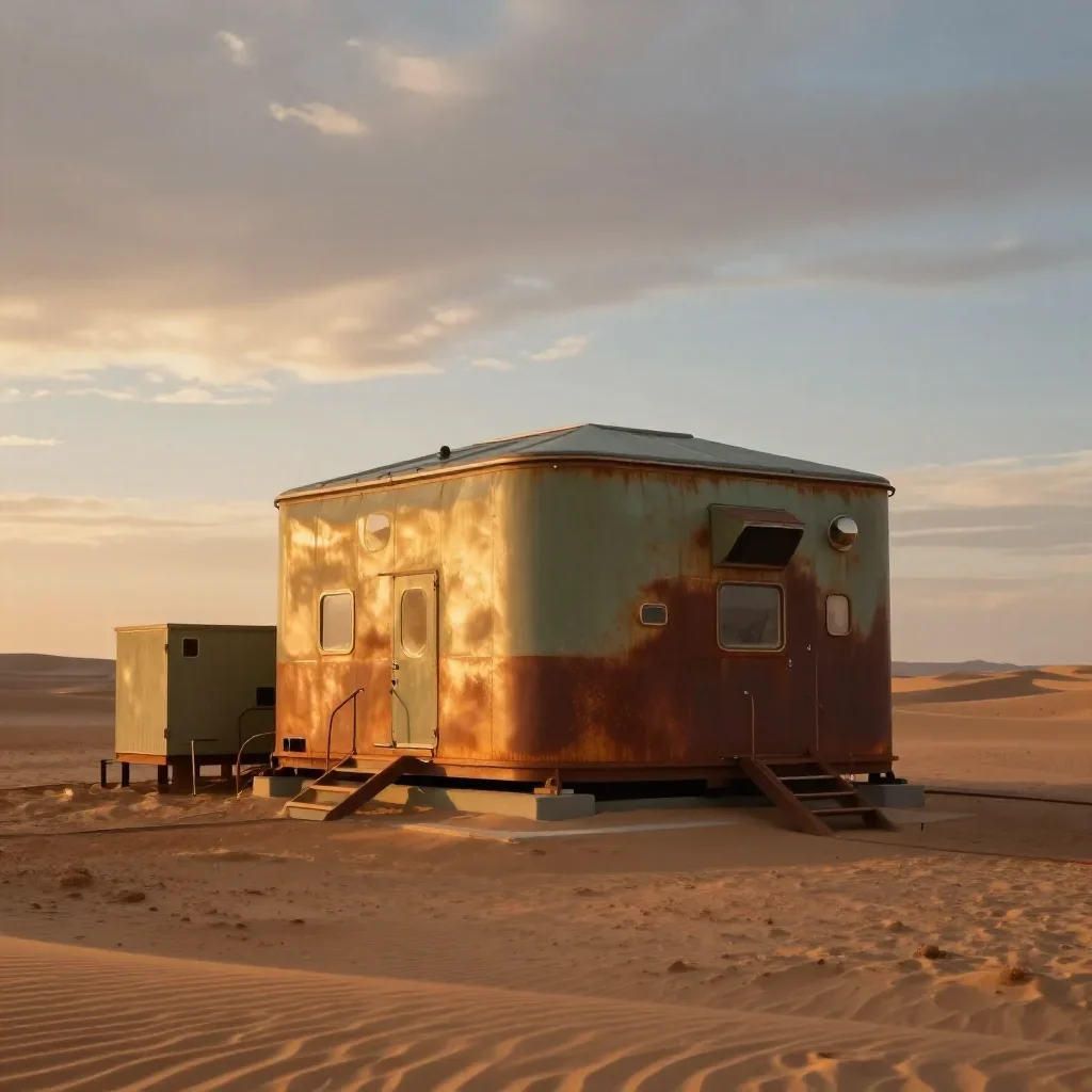 a desert research station during golden hour, high-end design magazine photography, atmospheric depth, rust and sage pal