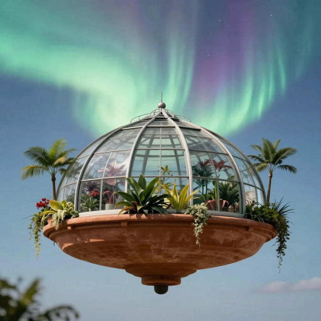 a floating botanical conservatory beneath an aurora, refined editorial travel photography, atmospheric depth, terracotta