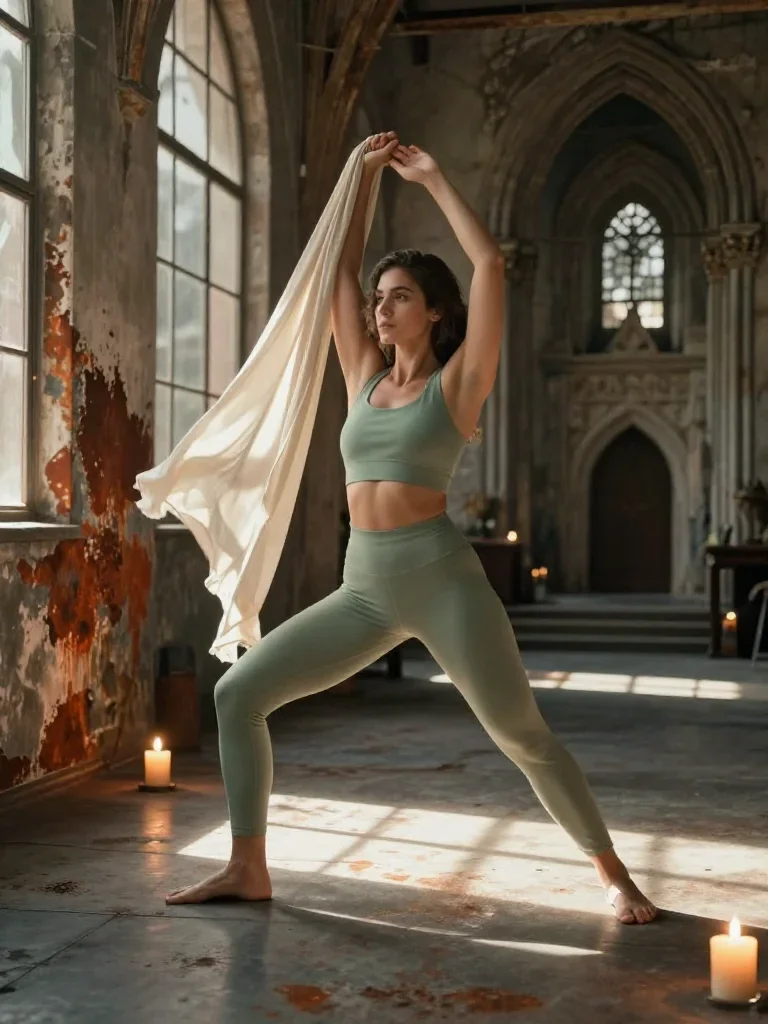 a fitness creator stretching in a sunlit loft mid-turn with fabric catching the light, in a candle-lit cathedral ruin, m