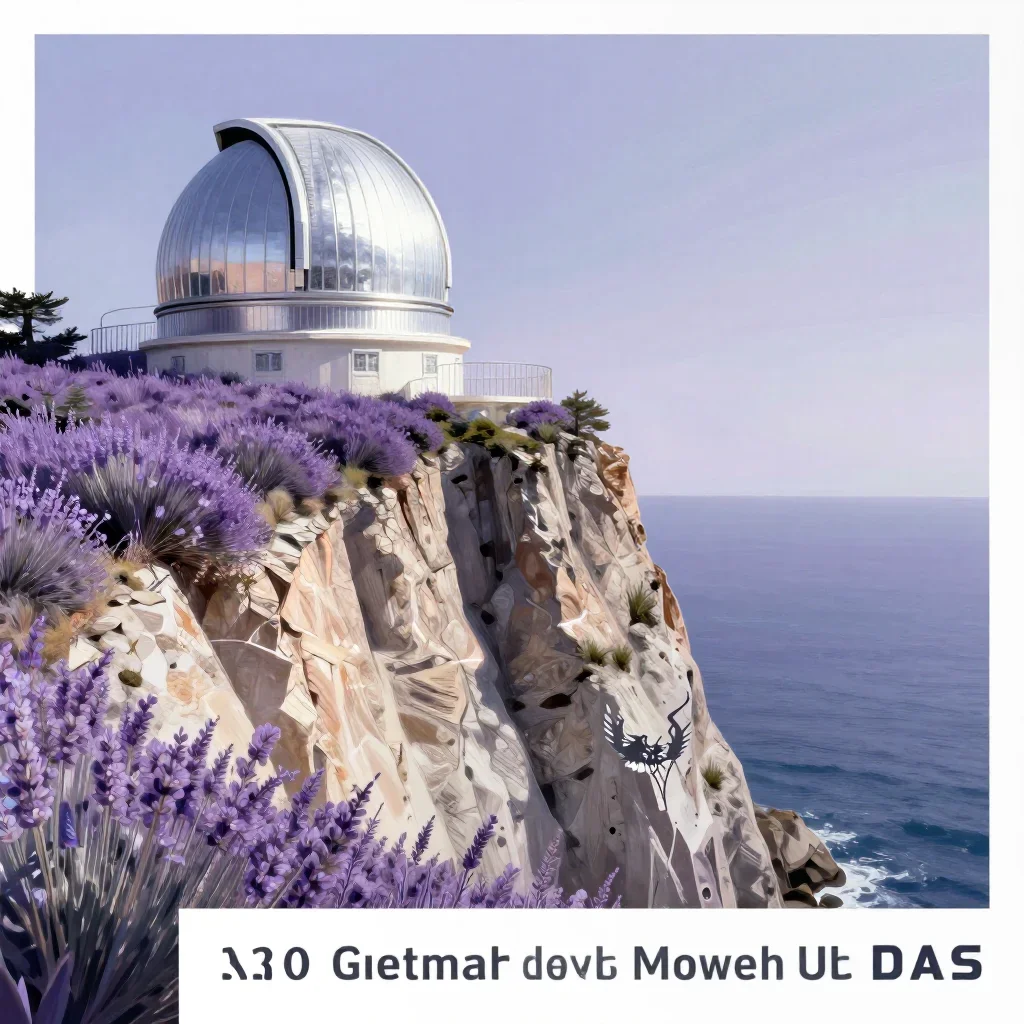 a cliffside observatory in a gentle sea breeze, modernist poster illustration, clean natural textures, lavender and silv