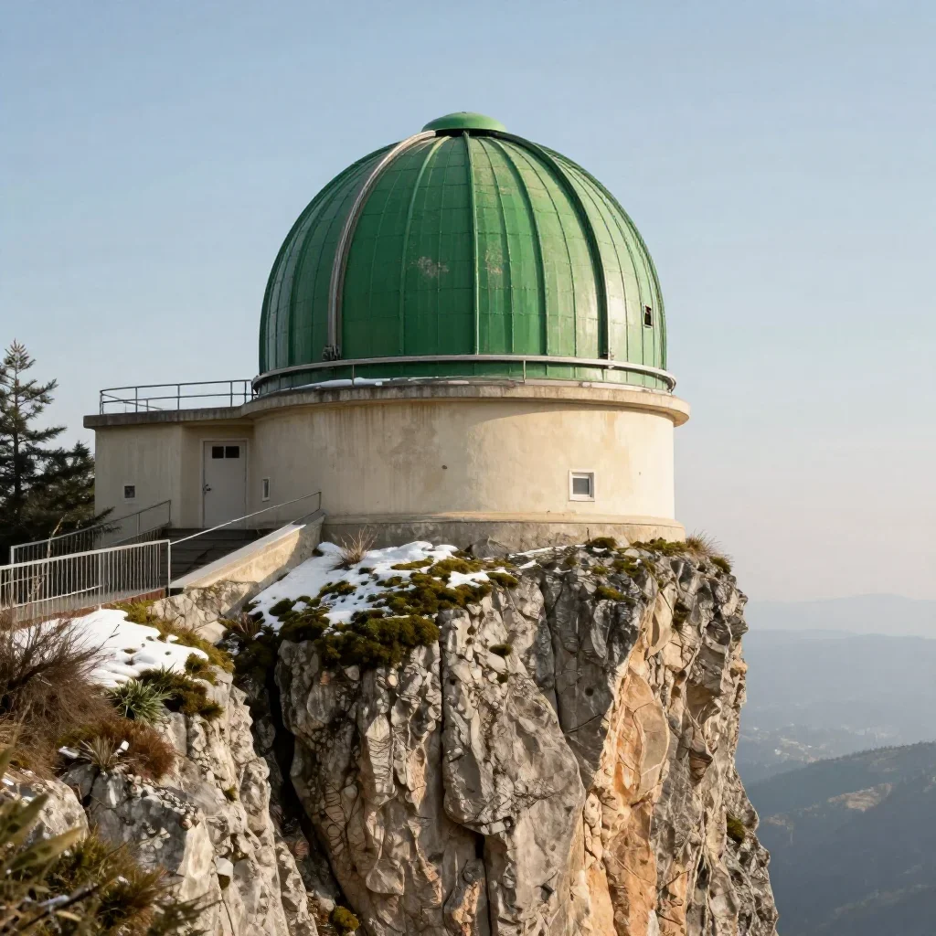 a cliffside observatory in crisp winter sunlight, refined editorial travel photography, weathered tactile surfaces, moss