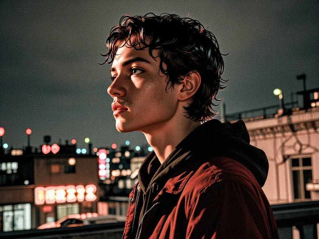 a streetwear influencer with wet-look hair in a dramatic three-quarter profile, on a neon-lit rooftop at midnight, moody