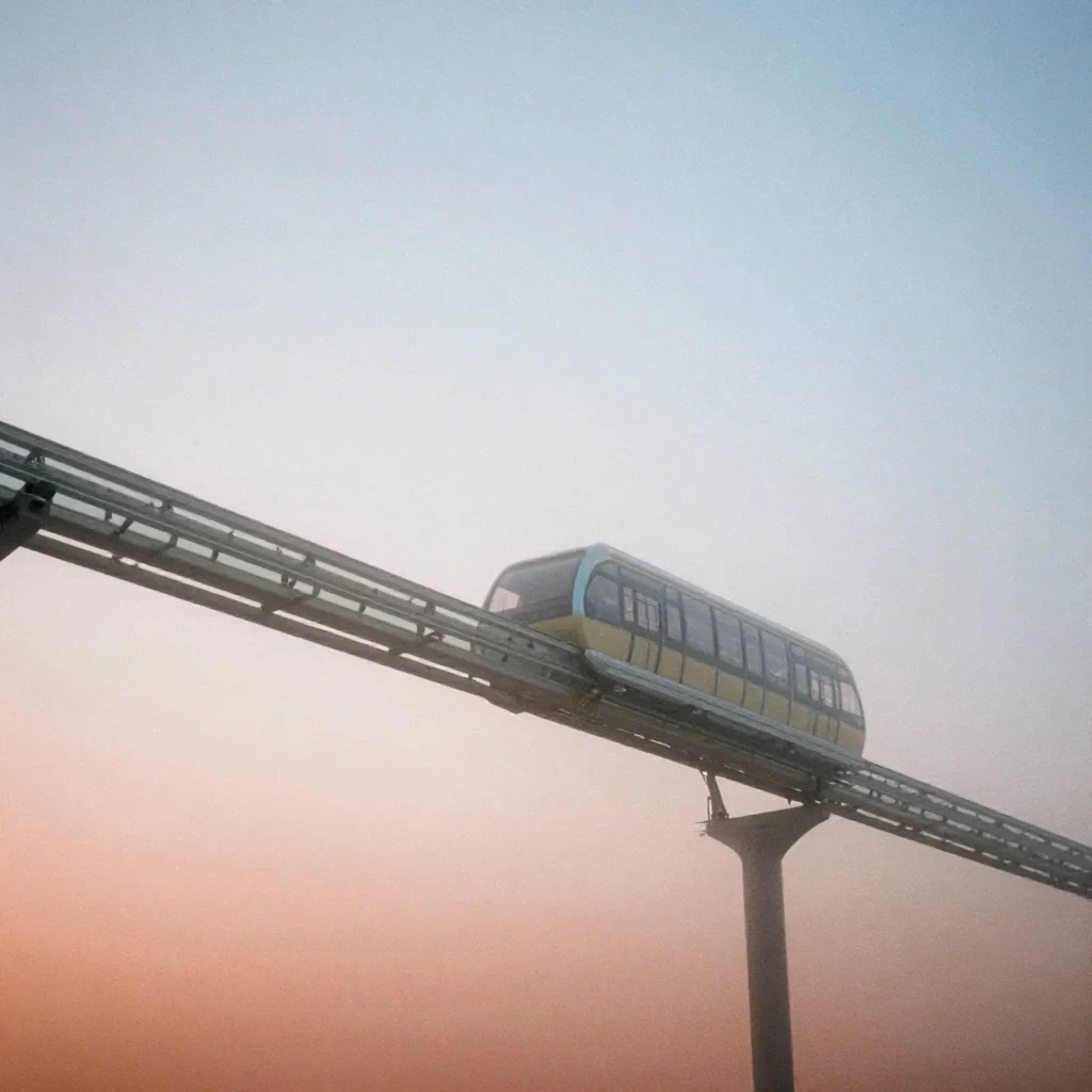 a glass monorail under soft dawn fog, soft-grain analog film photography, soft volumetric light, terracotta and pale sky