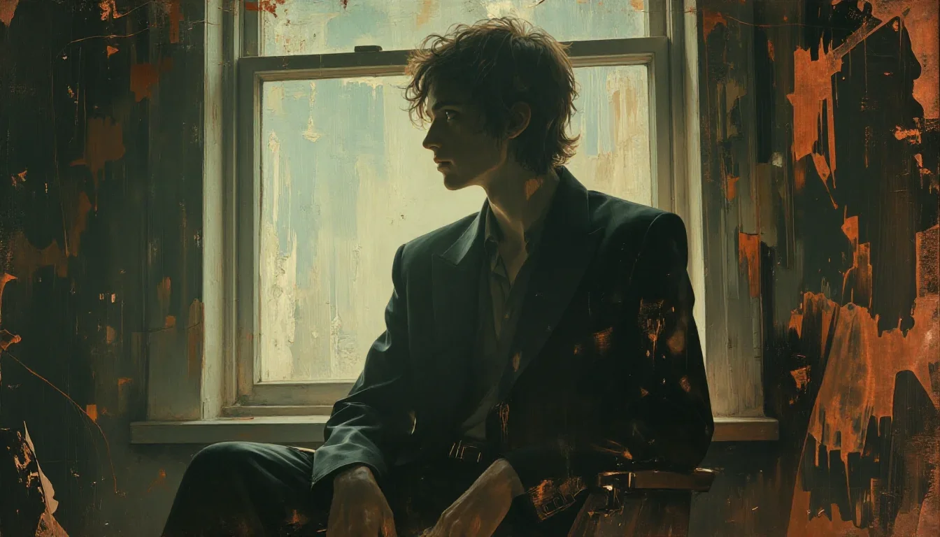 an androgynous model in a sharply tailored suit in a seated silhouette against a window, in a smoke-lit photo studio, Re