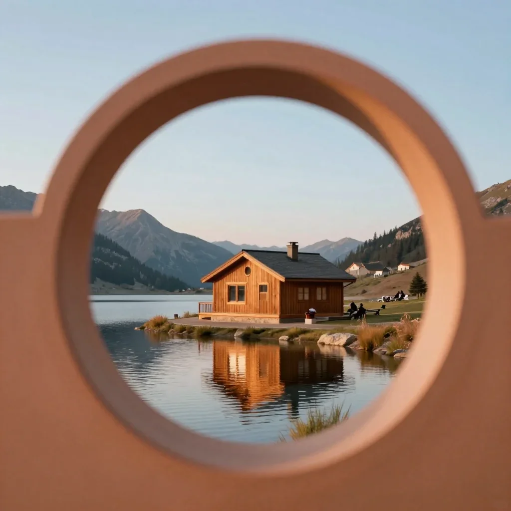 a cedar cabin beside an alpine lake during golden hour, quiet science-fiction concept art, layered foreground framing, t