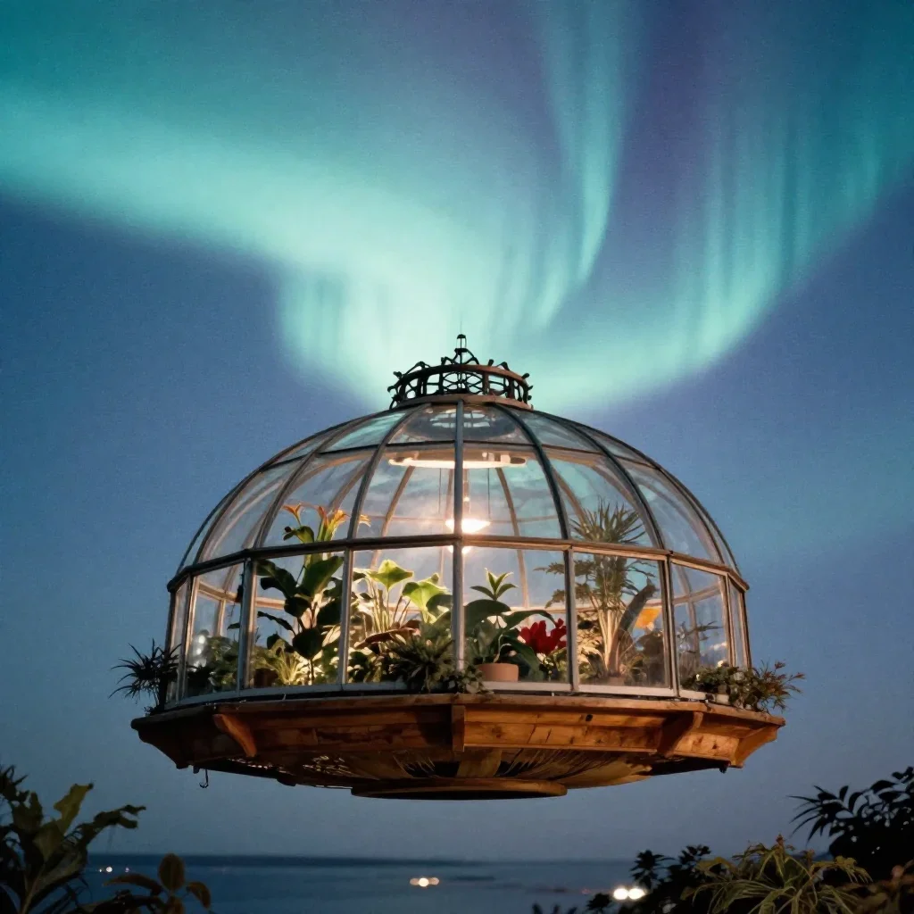 a floating botanical conservatory beneath an aurora, soft-grain analog film photography, atmospheric depth, ice blue and warm cedar palette, no people, no text, no logo, no watermark