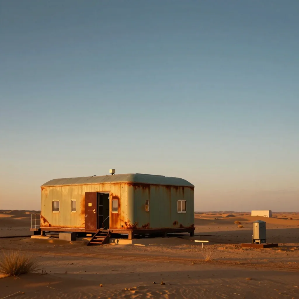 a desert research station during golden hour, high-end design magazine photography, calm negative space, rust and sage p