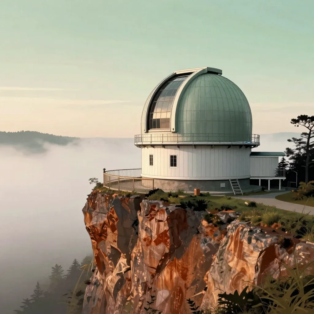 a cliffside observatory under soft dawn fog, Japanese woodblock-inspired editorial art, clean natural textures, rust and