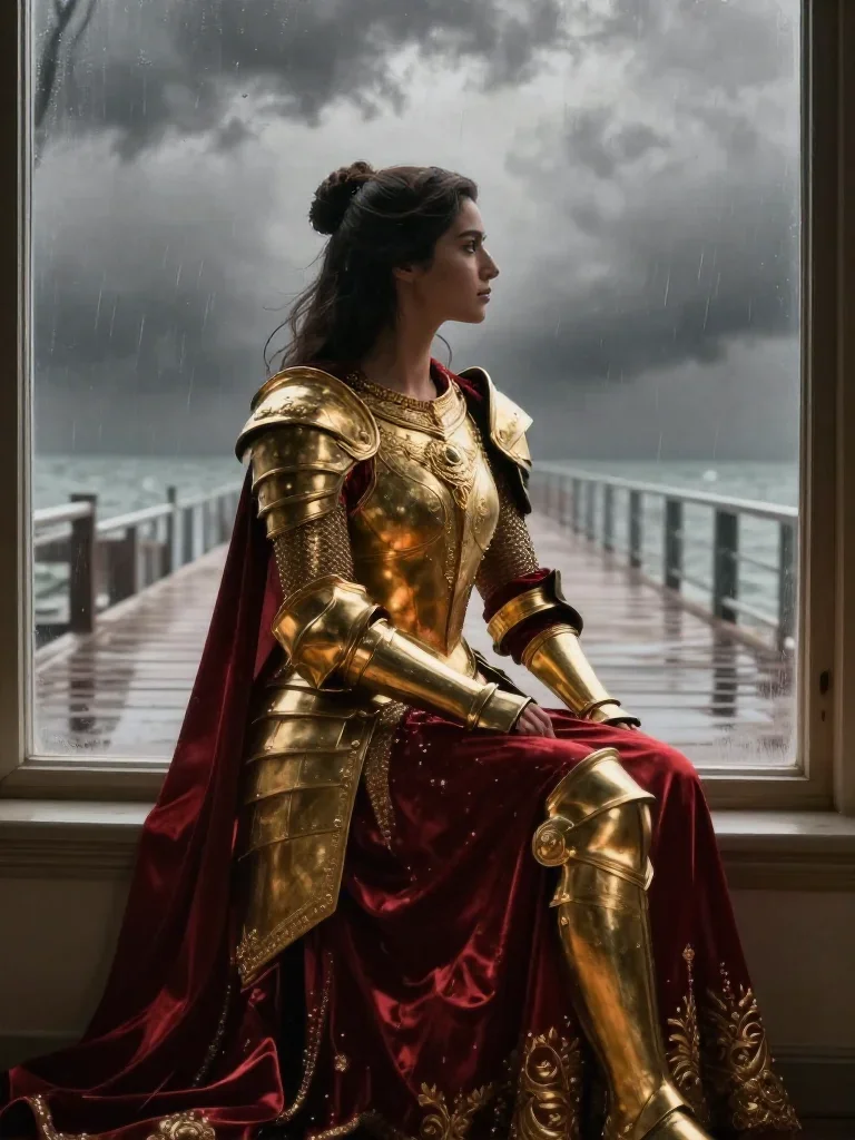 a warrior queen in ornate gilded armor in a seated silhouette against a window, on a storm-washed boardwalk, National Ge