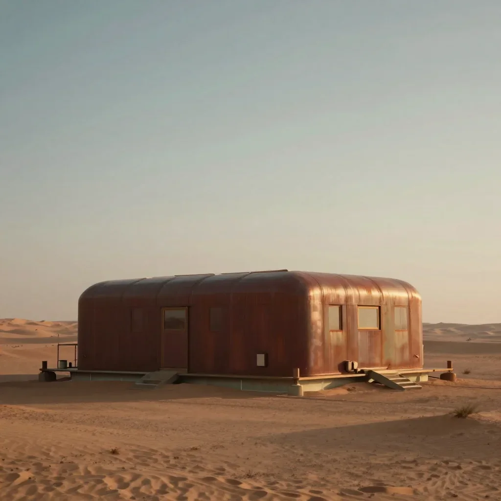a desert research station in quiet late-afternoon haze, cinematic architectural photography, calm negative space, rust a