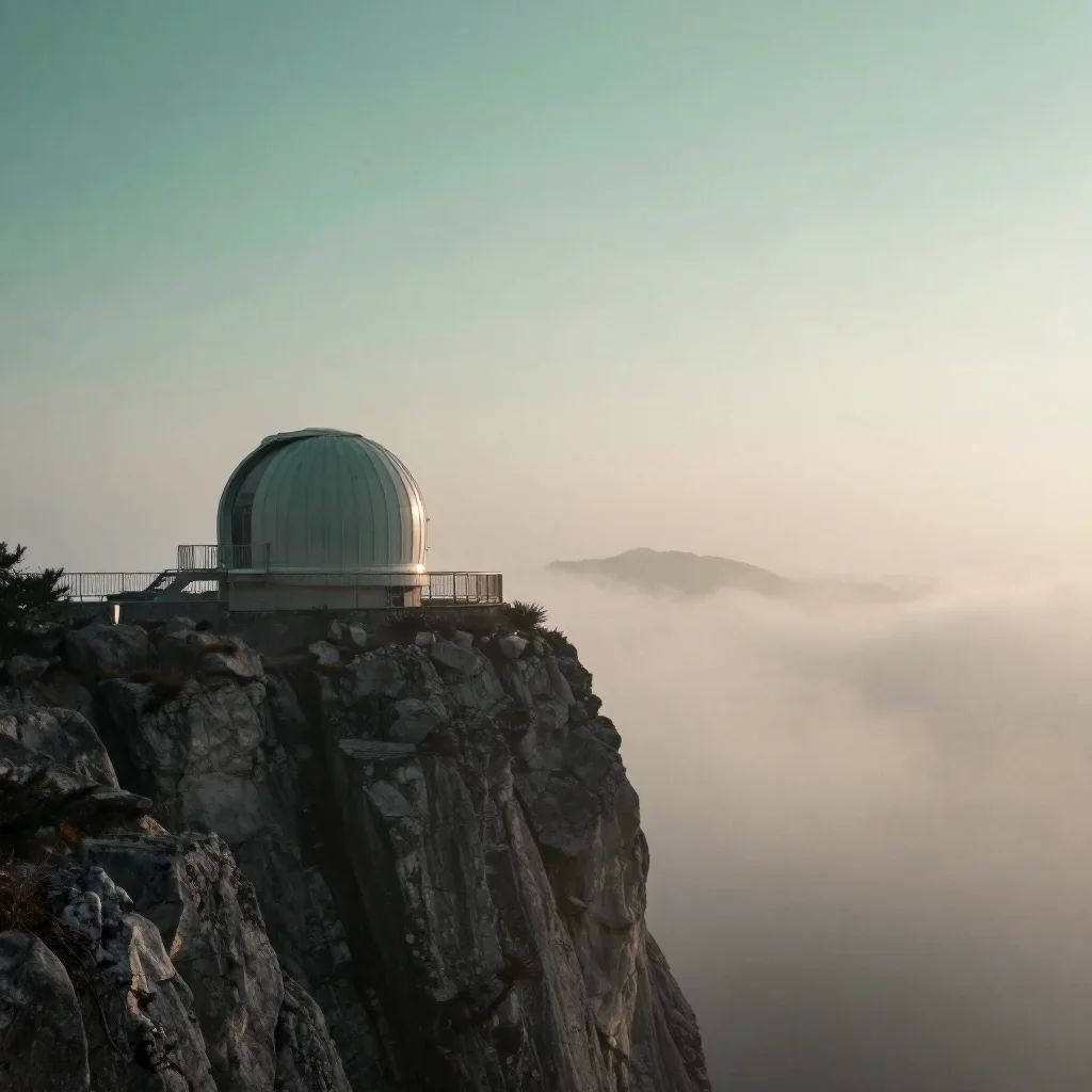 a cliffside observatory under soft dawn fog, dreamlike fine-art landscape photography, gentle reflected light, jade and 