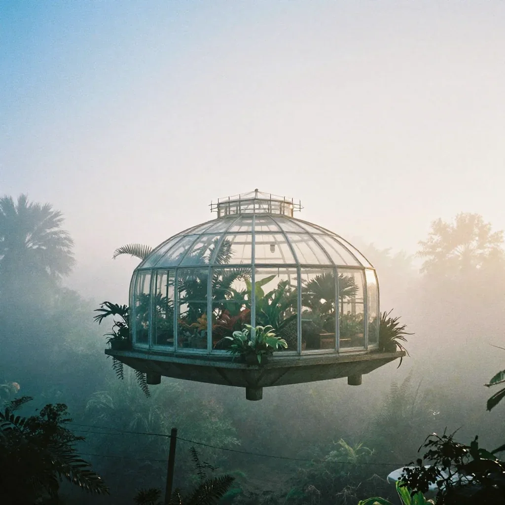 a floating botanical conservatory under soft dawn fog, soft-grain analog film photography, clean natural textures, cobal