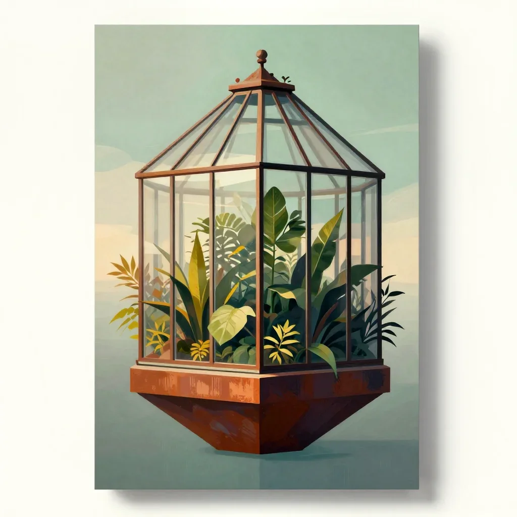 a floating botanical conservatory in quiet late-afternoon haze, modernist poster illustration, careful geometric composition, rust and sage palette, no people, no text, no logo, no watermark