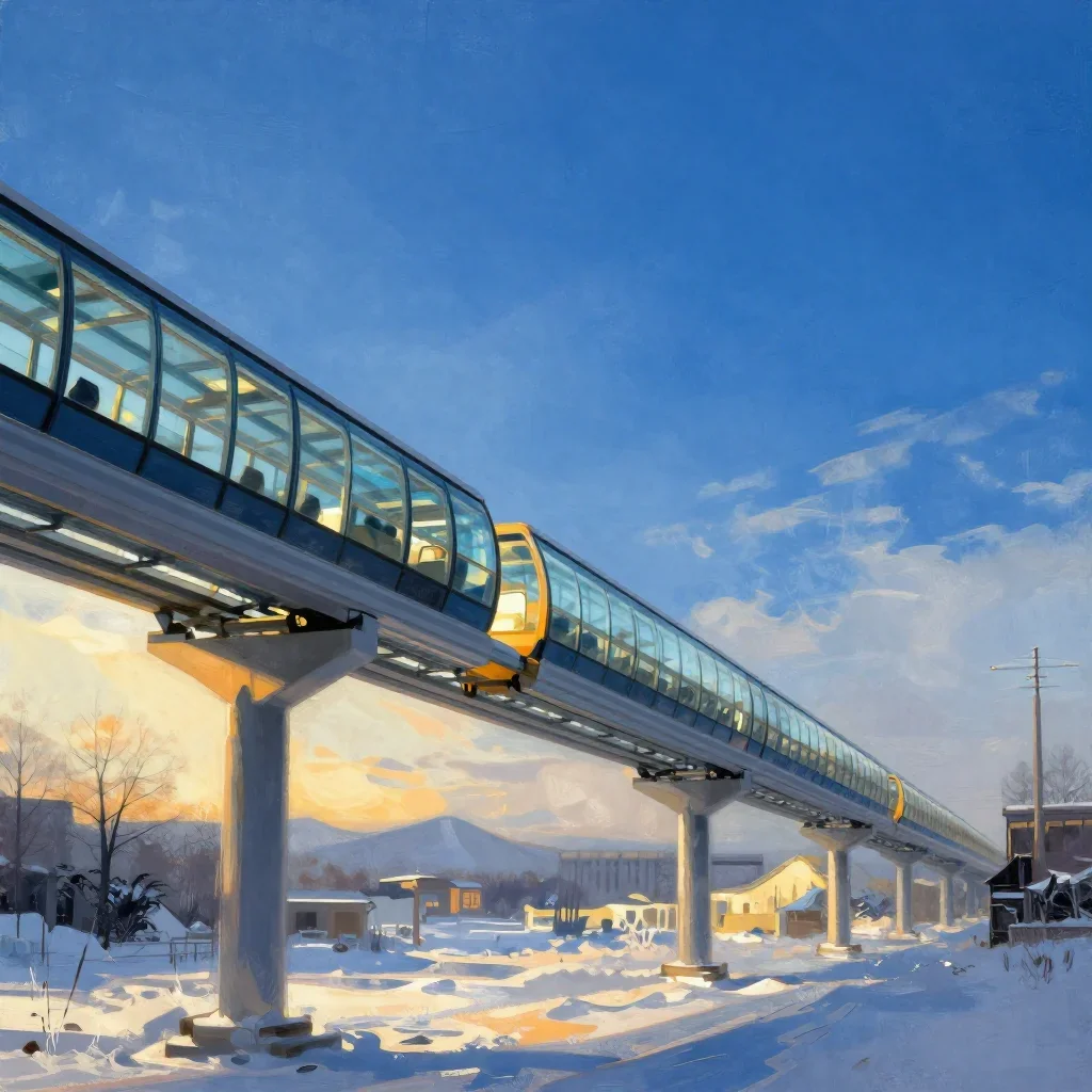 a glass monorail in crisp winter sunlight, modernist poster illustration, atmospheric depth, cobalt and amber palette, n
