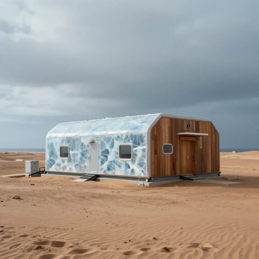 a desert research station under overcast coastal light, cinematic architectural photography, soft volumetric light, ice 