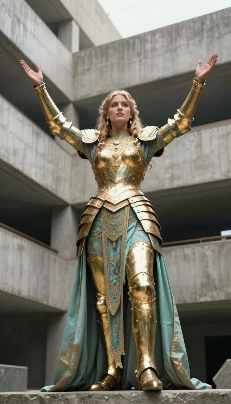 a warrior queen in ornate gilded armor in a bold, open-armed welcome, in a brutalist concrete atrium, bold Helmut Newton