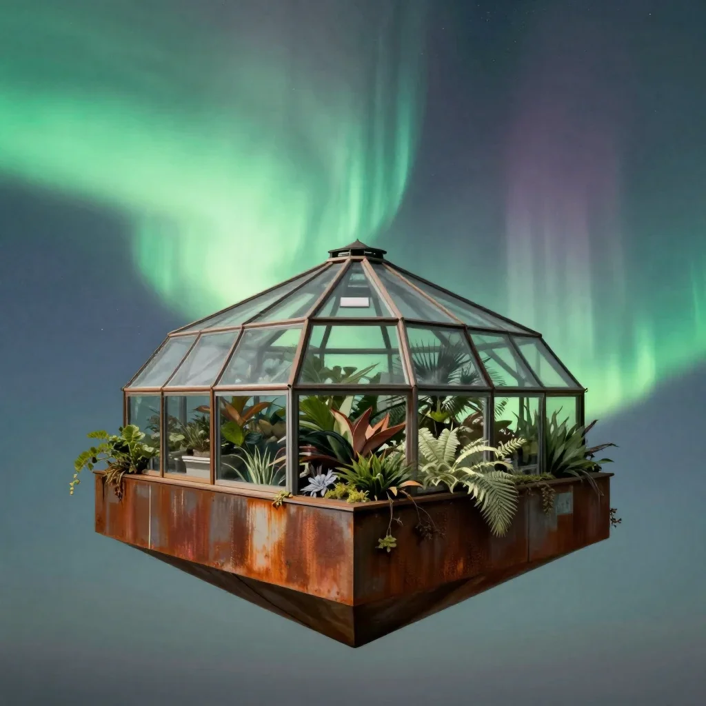 a floating botanical conservatory beneath an aurora, refined editorial travel photography, careful geometric composition