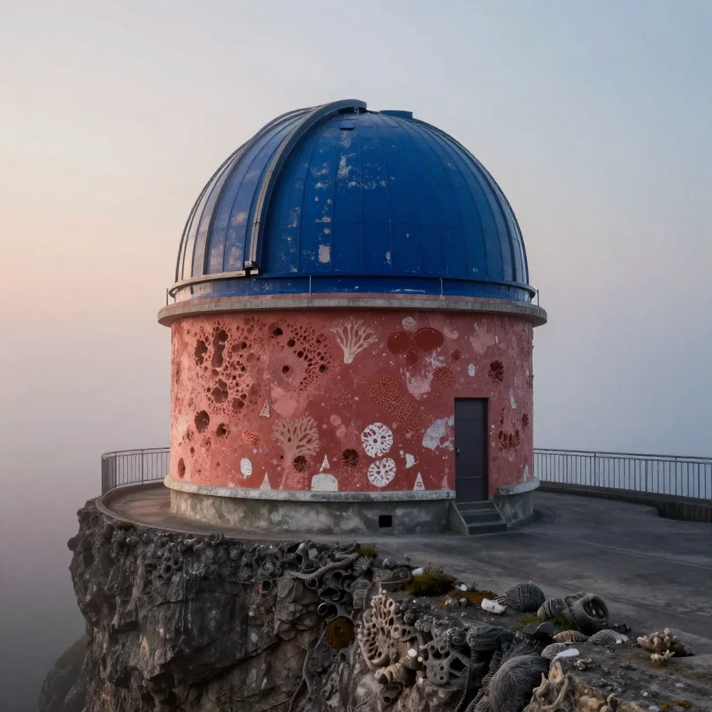 a cliffside observatory under soft dawn fog, cinematic architectural photography, weathered tactile surfaces, coral and 