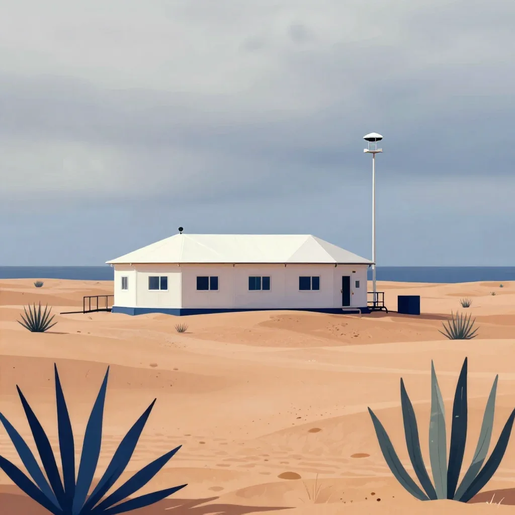 a desert research station under overcast coastal light, contemporary botanical illustration, restrained color harmony, o