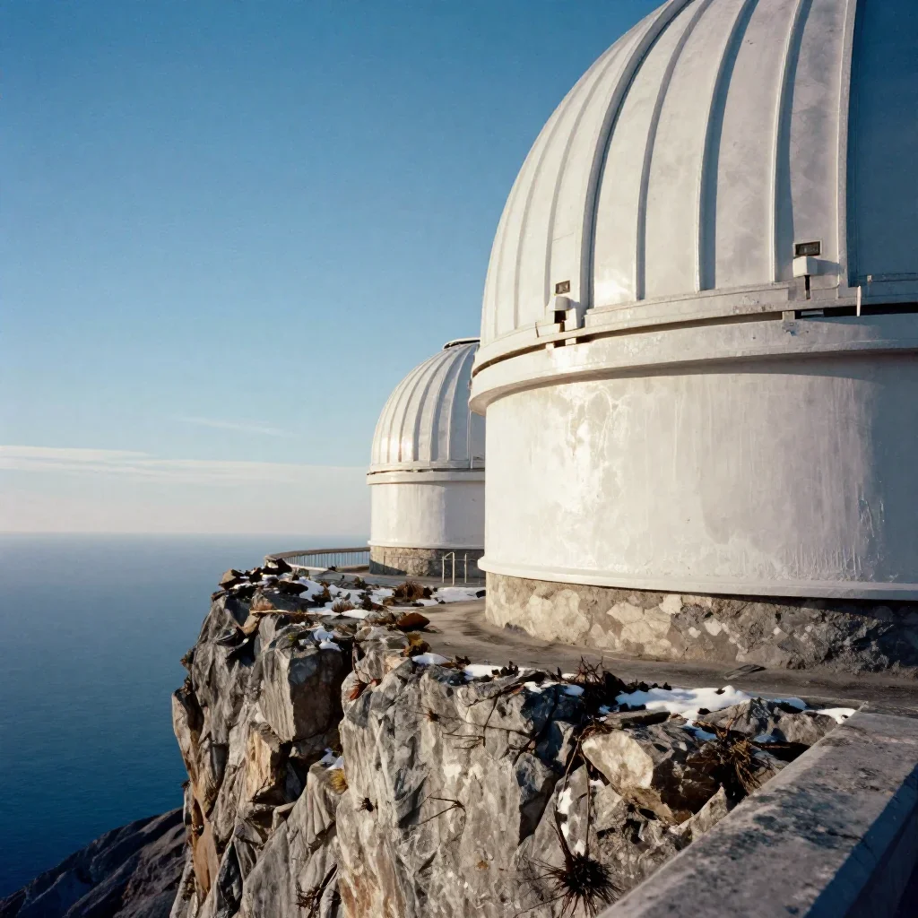 a cliffside observatory in crisp winter sunlight, soft-grain analog film photography, weathered tactile surfaces, indigo