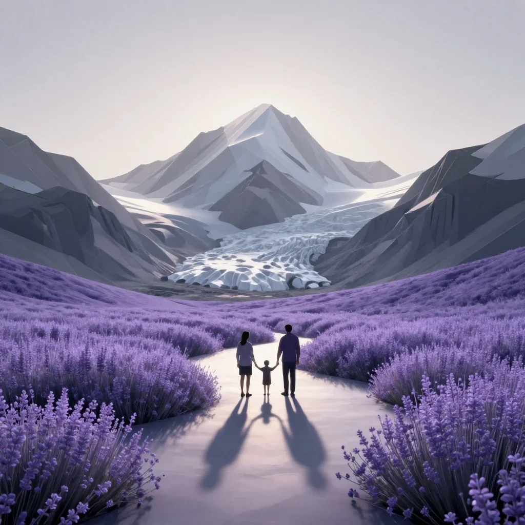 an alpine meadow beneath glaciers at first light, minimal geometric 3D art, calm negative space, lavender and silver pal