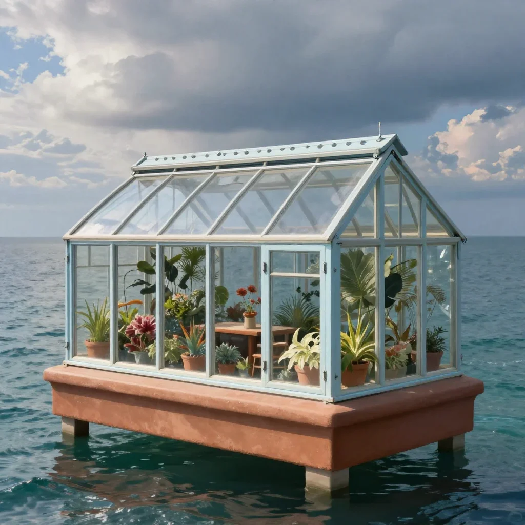 a floating botanical conservatory in a gentle sea breeze, museum-quality still-life photography, atmospheric depth, terr
