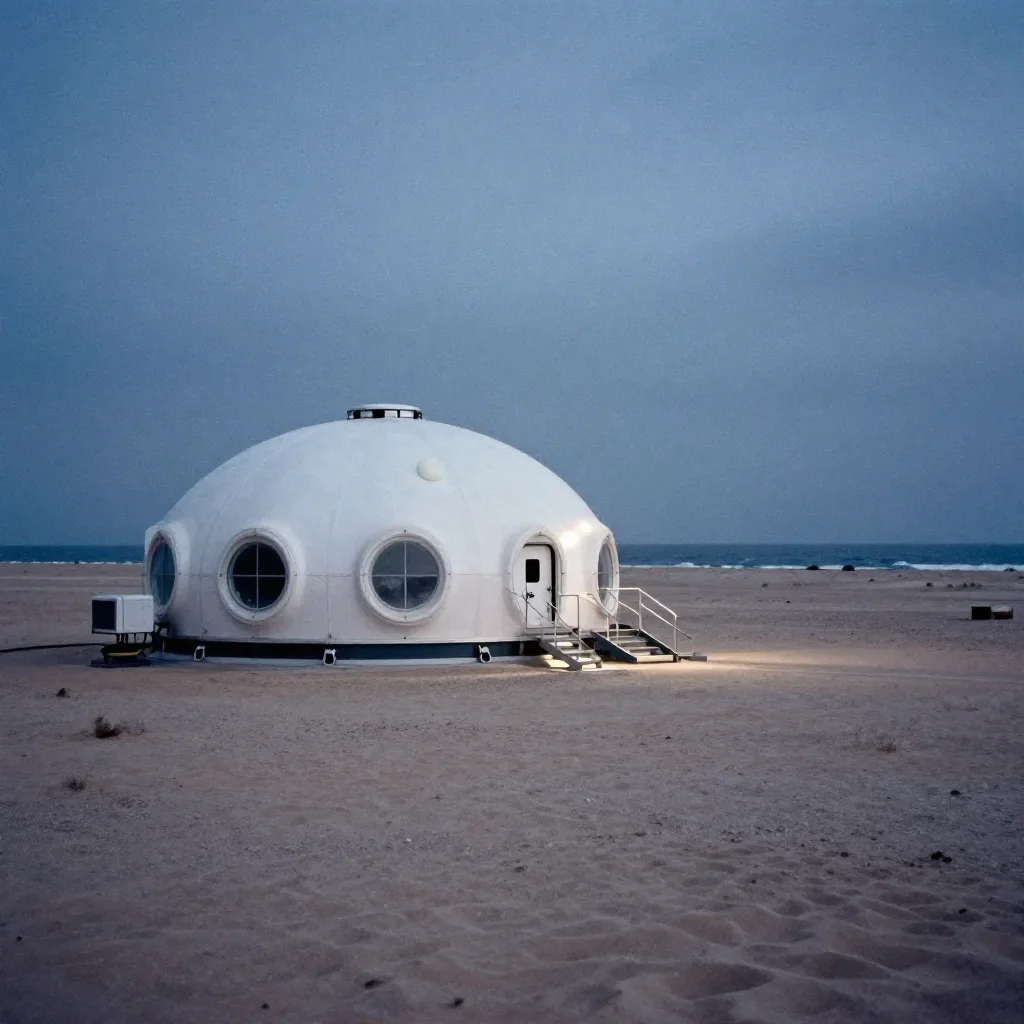 a desert research station under overcast coastal light, quiet science-fiction concept art, subtle film grain, indigo and