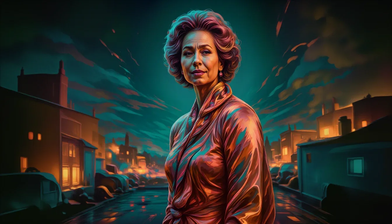 an elegant older stateswoman in a silk scarf in a graceful contrapposto pose, on a neon-lit rooftop at midnight, Wong Ka