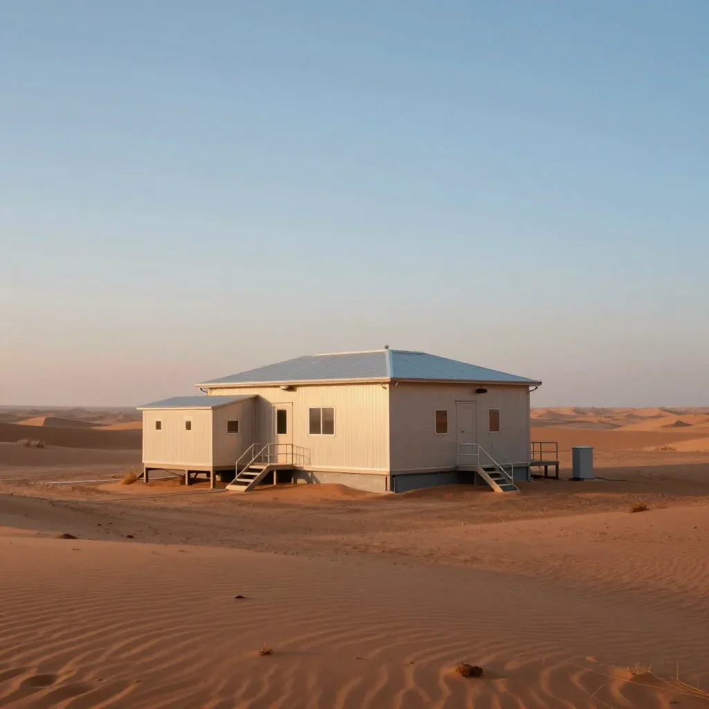 a desert research station in quiet late-afternoon haze, museum-quality still-life photography, calm negative space, terr