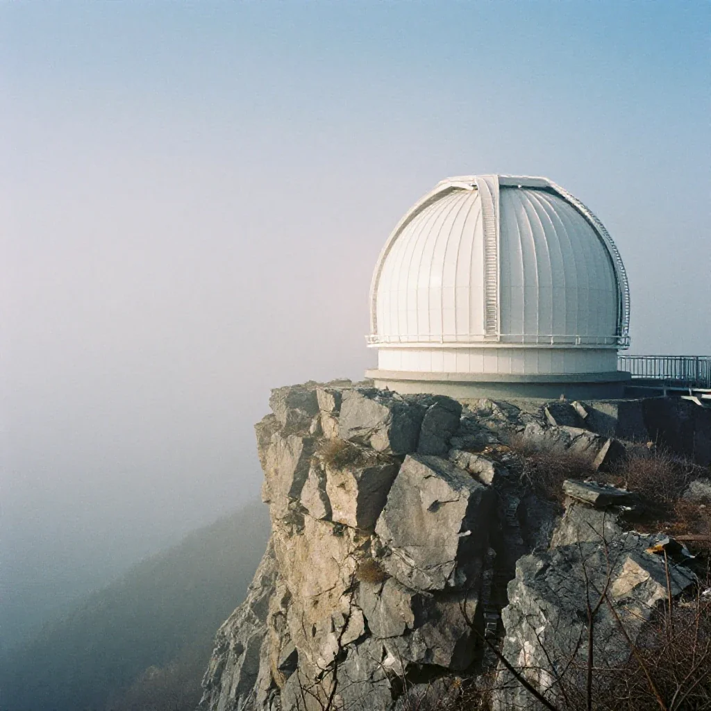 a cliffside observatory in early spring mist, soft-grain analog film photography, soft volumetric light, indigo and pear